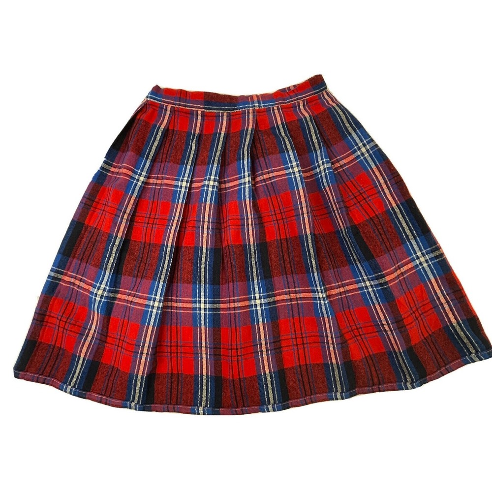 Vintage 1970s Pre-teen Girls Skirt Groovy Mod Bright Pleated Plaid Red Blue 9-10
